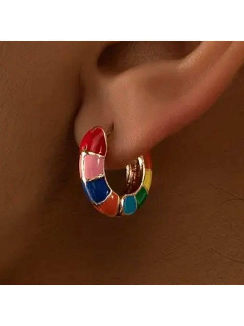 Rainbow Multi-color Enamel Huggie Earrings Medium Hoop #1343 - Picture 7 of 7